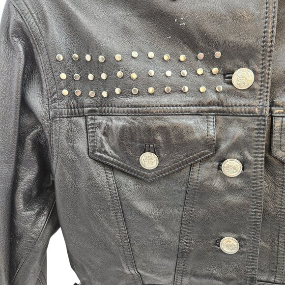 Vintage 90s LIMITED Women's Cropped Black Leather Jacket Stud Detail Size Small - Picture 4 of 10